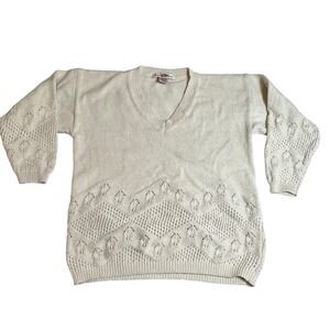 Boston Traders Vintage Cream Pointelle Eyelet Knit V-Neck Sweater Ramie Cotton S